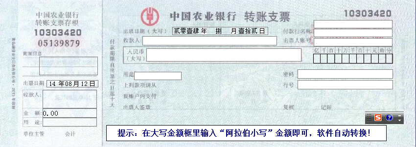 中国农业银行转账支票模版 票据打印软件