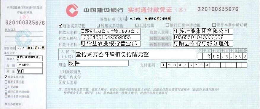 江苏省中国建设银行实时通付款凭证模板