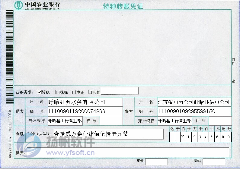 中国农业银行特种装帐凭证打印模板