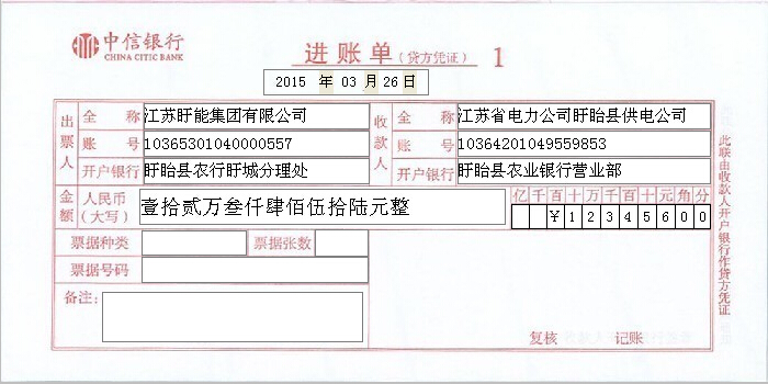 中信银行进账单（贷方凭证）