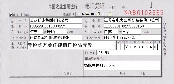 中国农业发展银行电汇凭证
