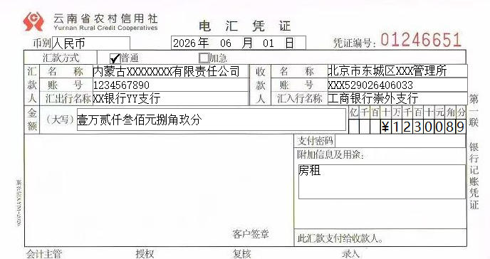 云南省农村信用社电汇凭证打印模板